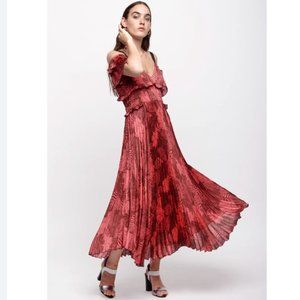 SFIZIO PINK BLACK COLD SHOULDER LAYERED FLUTTER TROPICS PLEATED BOHO MAXI DRESS